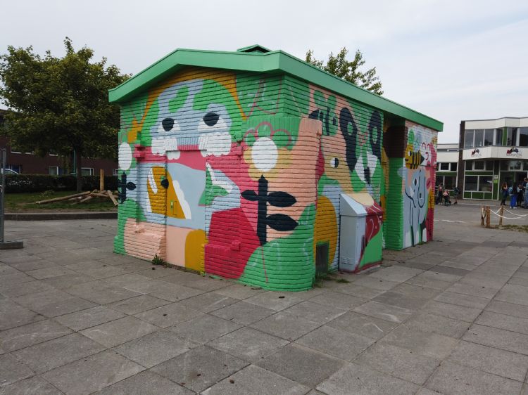 Op het trafohuis staat een muurschildering van de kunstenaar Fernando Leon Op het trafohuis staat een muurschildering van de kunstenaar Fernando Leon