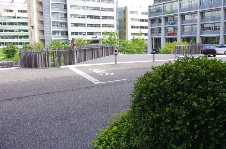 Een restant asfalt: de oprijlaan voor leveranciers Een restant asfalt: de oprijlaan voor leveranciers