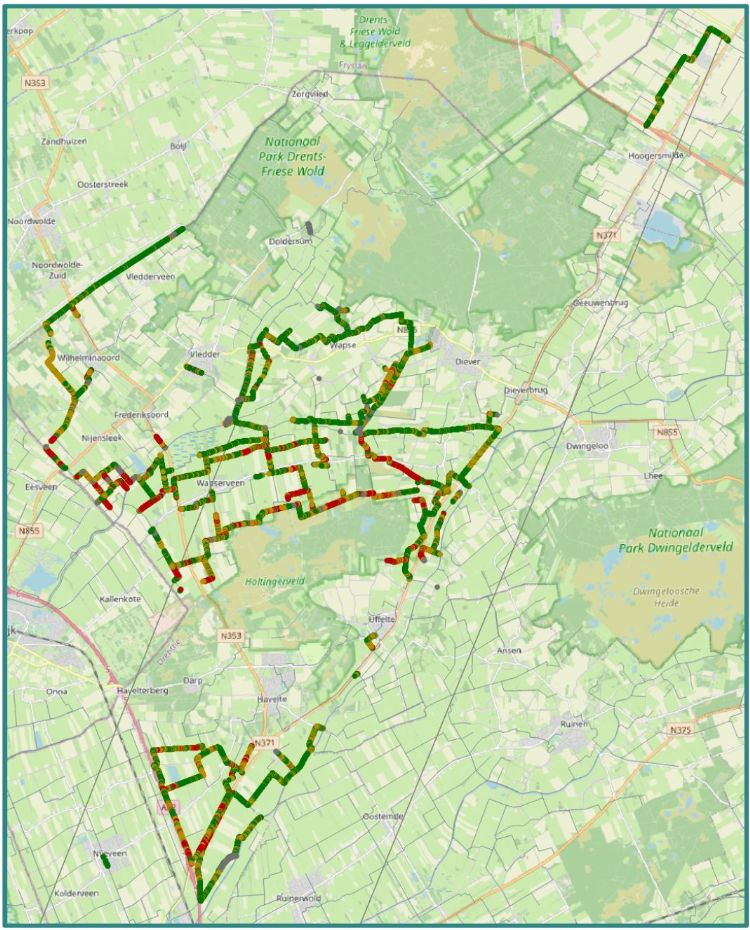 Een overzichtskaart, in dit geval van de regio Dwingeloo, met daarop de diepte van de verschil-lende watergangen.