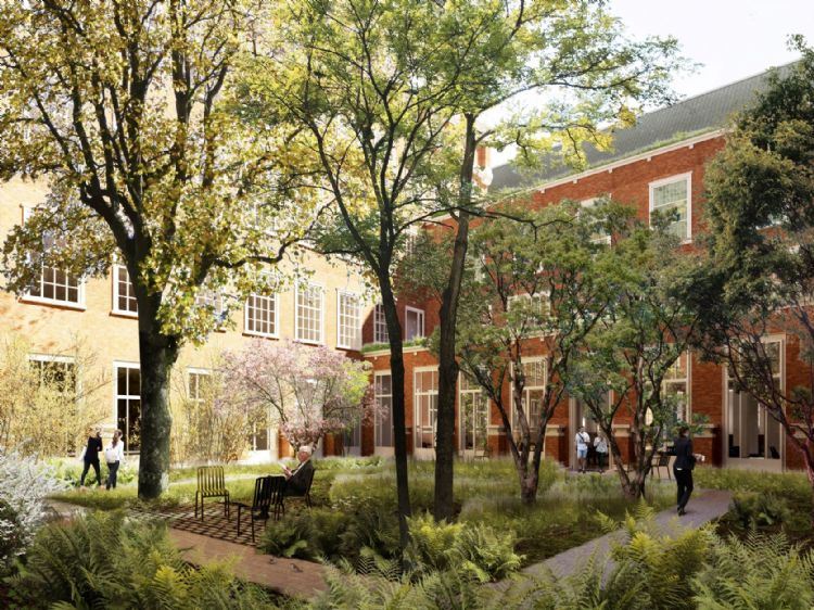 Het beoogde eindbeeld van de Leidse stadhuistuin oogt natuurlijk en ruimtelijk (beeld: Office Winhov). Het beoogde eindbeeld van de Leidse stadhuistuin oogt natuurlijk en ruimtelijk (beeld: Office Winhov).