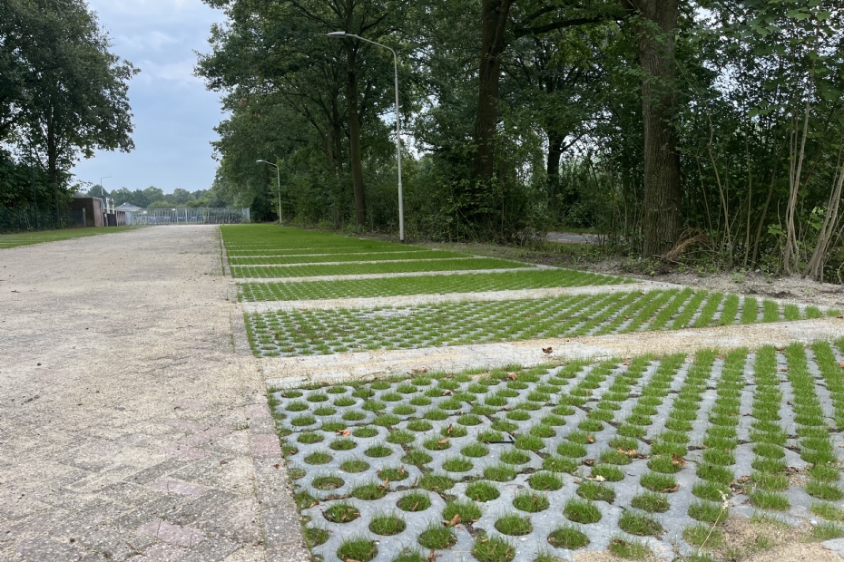 'Door omringende bestrating af te laten lopen richting de parkeervlakken kan optimaal gebruik worden gemaakt van de infiltrerende en bufferende capaciteiten van de TerraViva-grastegelopbouw'