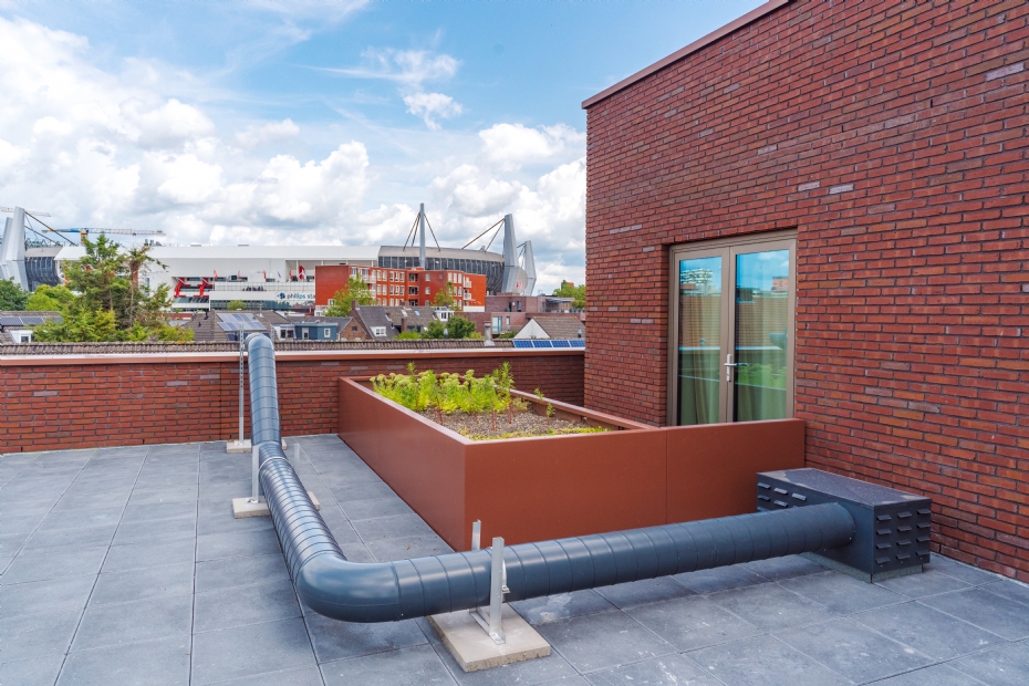 Het dak van de Lodewijk biedt ruimte voor waterberging en groen. Het dak van de Lodewijk biedt ruimte voor waterberging en groen.