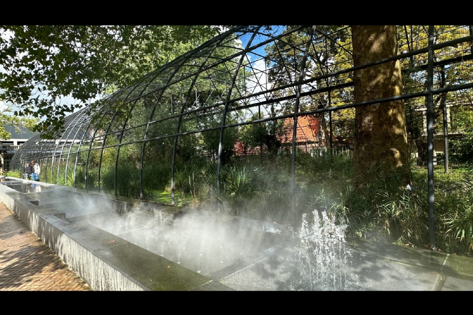 De volière met veel gevestigd groen en op de voorgrond de waterlijn van 62 meter lang en 2 meter breed