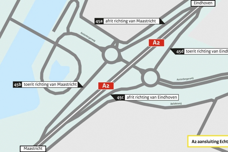 Kaart met afsluiting van oprit Echt (45d) bij de A2