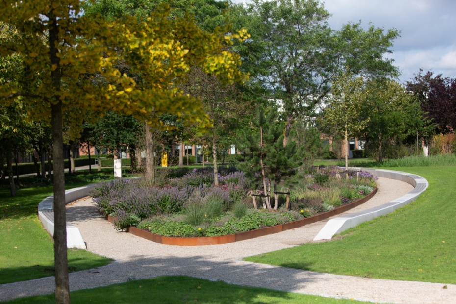 De plantenbak in het midden van het park heeft de vorm van een blad