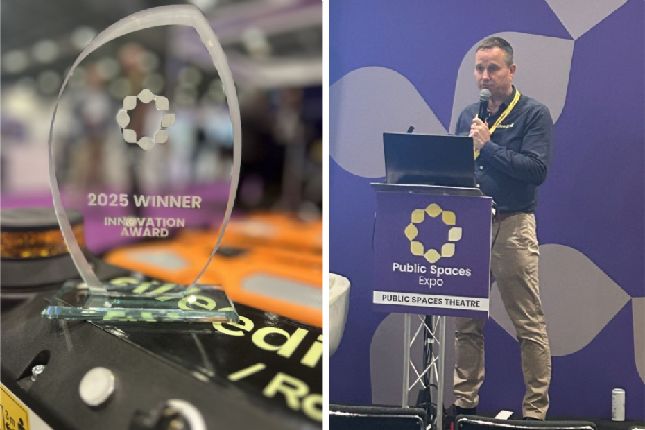 De Innovation Award 2025 en Michel Wimmers tijdens zijn voordracht op de <i>FutureScape</i>-beurs in Londen, waar hij met de eWeeding Roller de Innovation Award 2025 won De Innovation Award 2025 en Michel Wimmers tijdens zijn voordracht op de <i>FutureScape</i>-beurs in Londen, waar hij met de eWeeding Roller de Innovation Award 2025 won