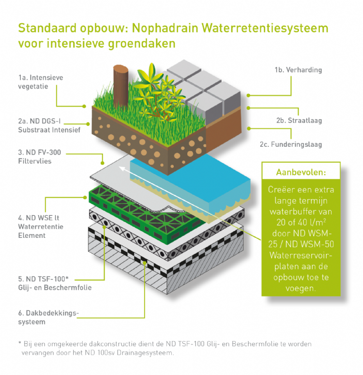 Opbouw Nophadrain-waterretentiesysteem voor intensieve daken Opbouw Nophadrain-waterretentiesysteem voor intensieve daken
