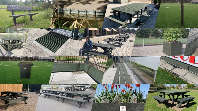 Een aantal van de producten die Greenmatter van de versleten kunstgrasmatten maakt. Een aantal van de producten die Greenmatter van de versleten kunstgrasmatten maakt.