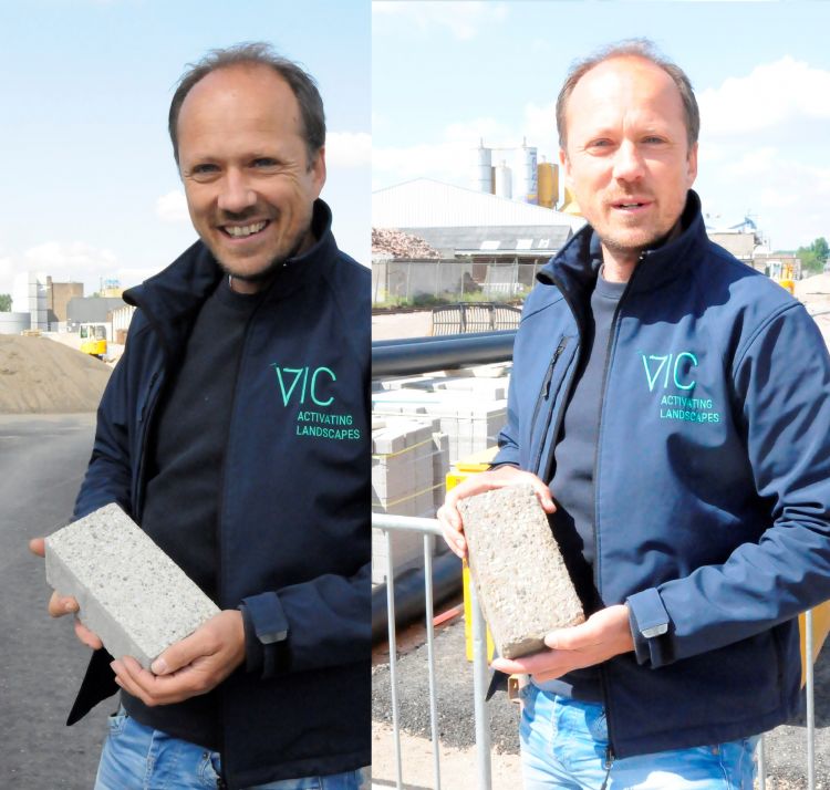 Links Victor Dijkshoorn met de nieuwe MBI renovatieklinker en rechts een oude klinker