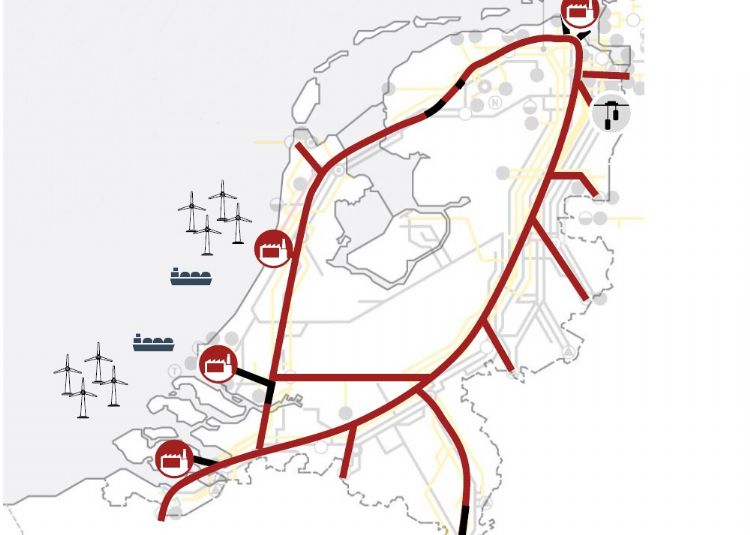 Contouren van een mogelijk waterstoftransportnet in 2030. Bron: HyWay27, Gasunie, Strategy&