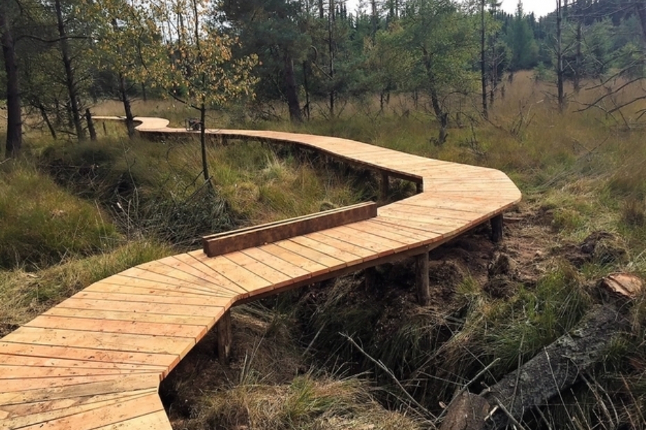 Voor dit project werkten we met de natuur mee: het pad werd gemaakt van hout uit de Stippelberg en kronkelt mooi om de bomen heen.