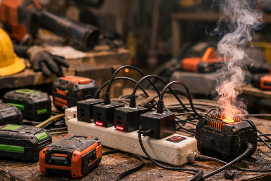 Ongeordend laden van lithium-accu’s met meerdere laders op één stekkerdoos vergroot het risico op oververhitting en brand, vooral zonder toezicht (foto gemaakt met behulp van AI).