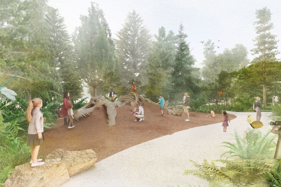 Een impressie van de klimdino in de Oertuin van Naturalis